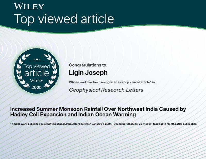 Wiley Top Viewed Article recognition for Ligin Joseph’s Geophysical Research Letters paper